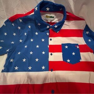 Used Men’s Large Tipsy Elves Stars and Stripes Button up short sleeve shirt